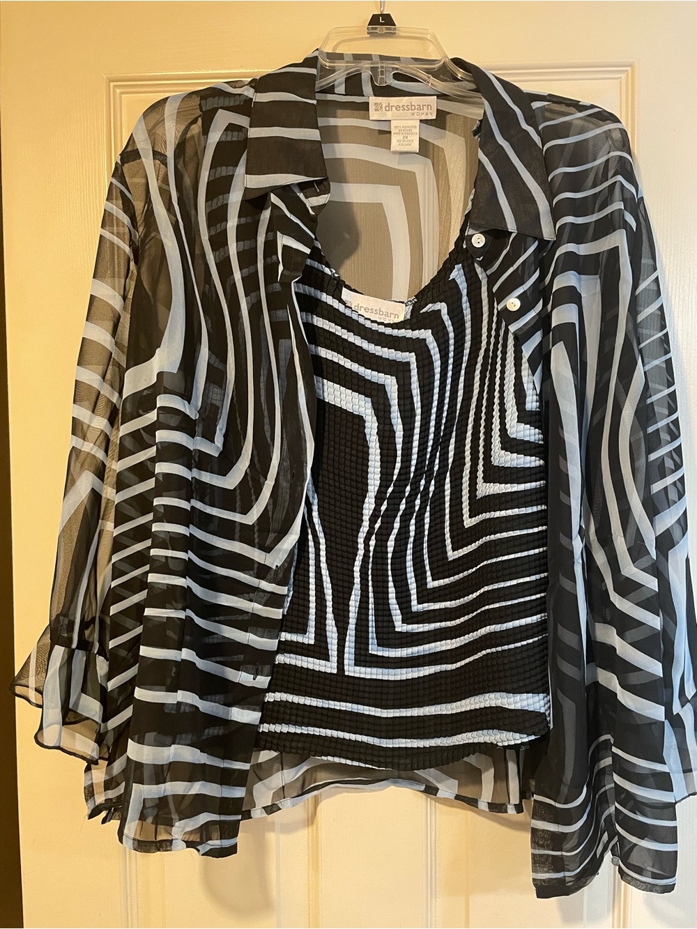 dressbarn Black & White Striped Sheer Layered Blouse Set